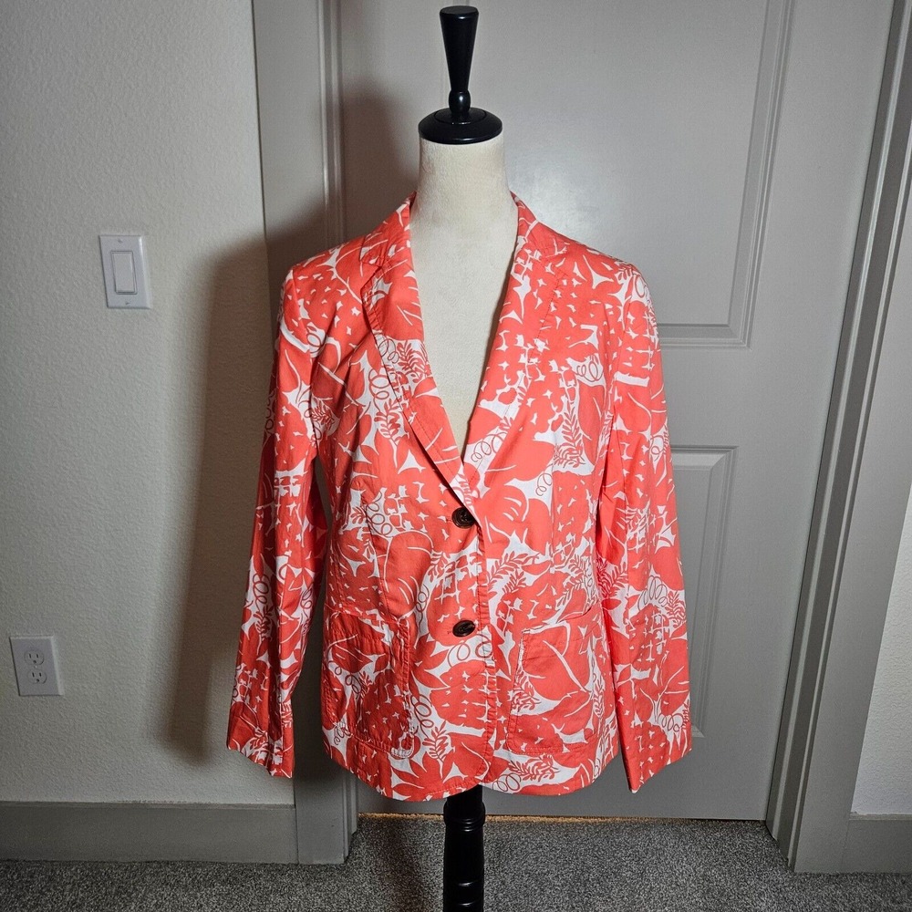 Talbots Blazer Jacket Suit Women Size 10 2-Button Leaf Print Orange White Cotton